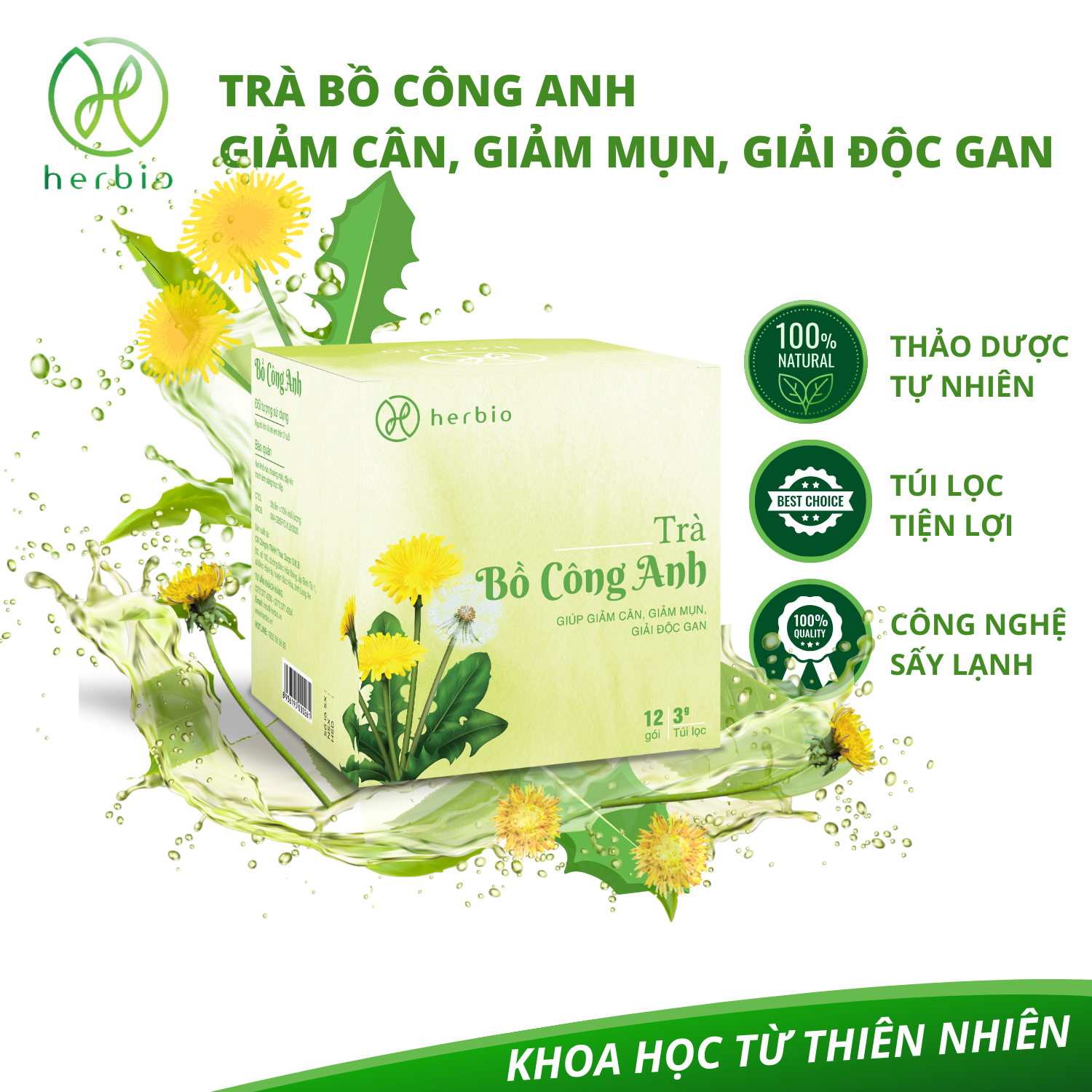 Trà Thảo Mộc Giảm Cân Bồ Công Anh Herbio - Giúp Giảm Mụn, Giải Độc Gan, Detox Thanh Lọc Cơ Thể, Giảm Cân Tự Nhiên 12 Túi Lọc X 3Gram - Bồ Công Anh