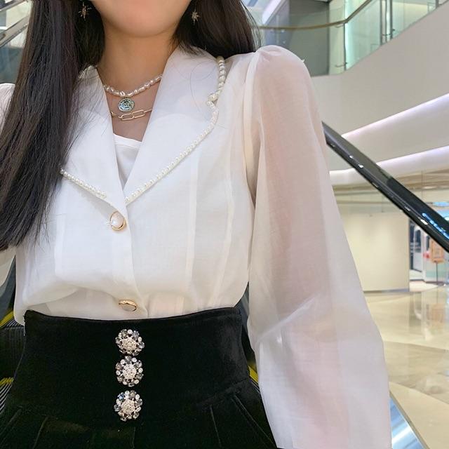 Sơmi cổ vest đính ngọc cao cấp hottrend hàn quốc