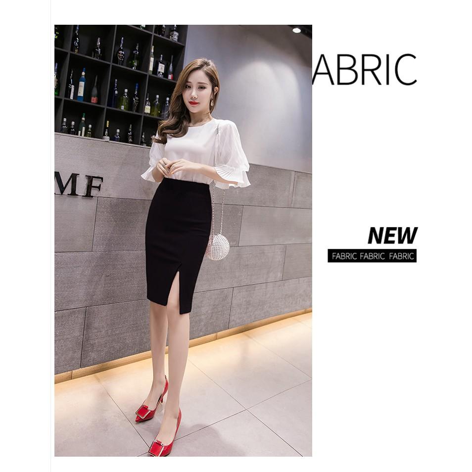 Chân váy công sở dài bigsize màu đen ôm body xẻ trước dài 63cm