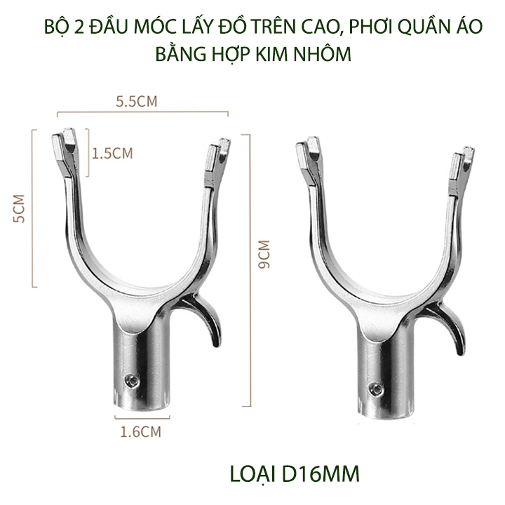 Combo 2 đầu móc lấy đồ trên cao, treo quần áo đa năng bằng hợp kim nhôm