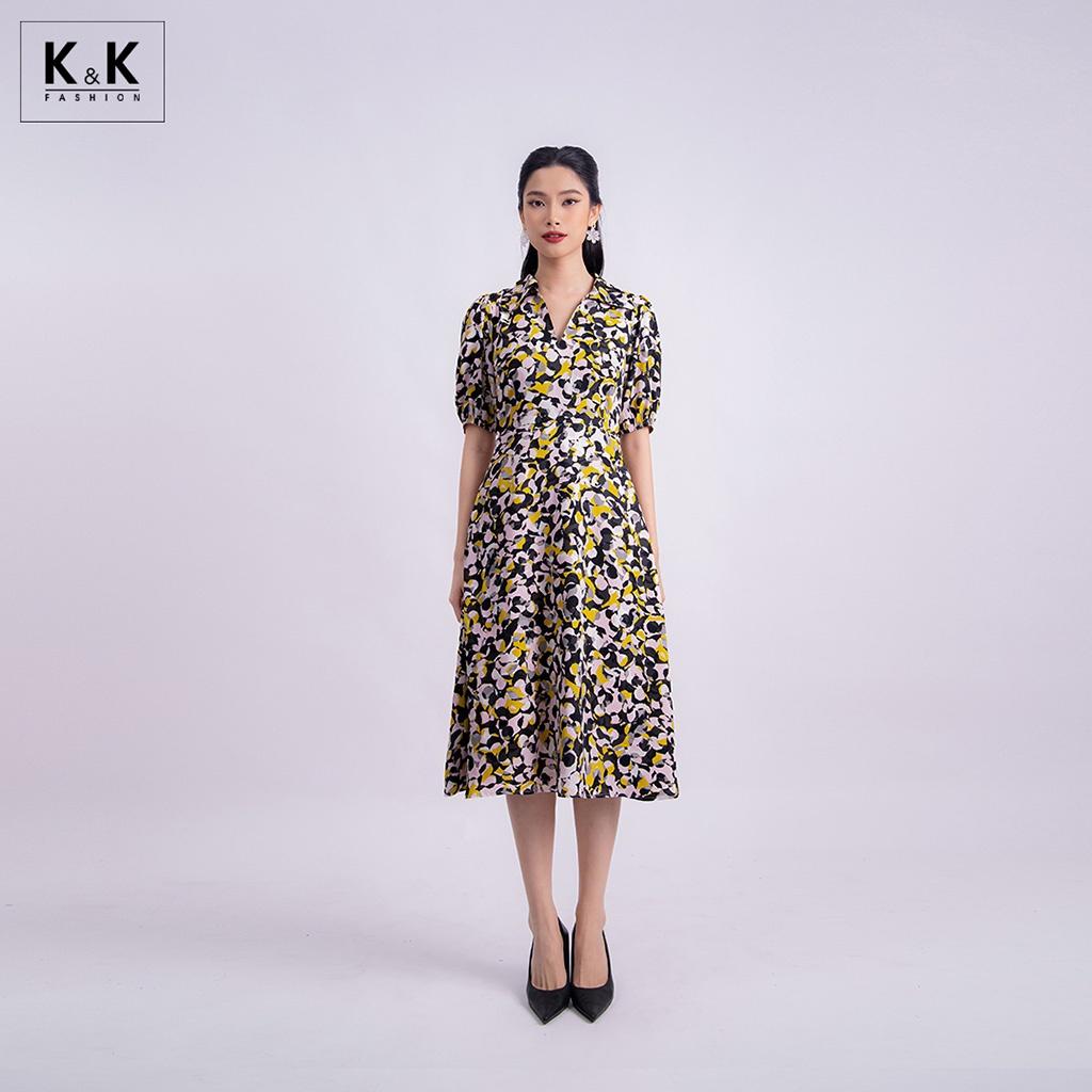 Đầm Xòe Họa Tiết Cổ V Tay Lỡ K&amp;K Fashion KK118-38 Chất Liệu Tằm Ý