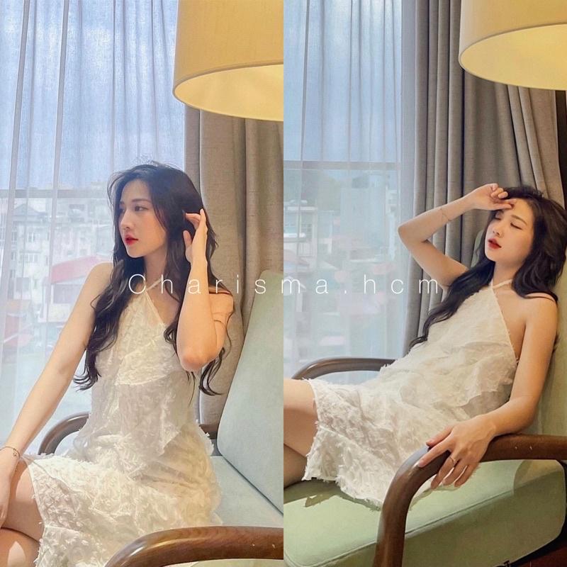 Váy Đầm cổ yếm lông vũ bèo tầng