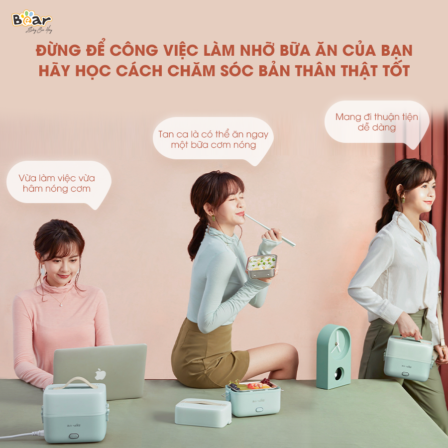 Hộp Cơm Cắm Điện Bear 2 Tầng 3 Ngăn Hâm Nóng Cực Nhanh Inox 304 An Toàn Tuyệt Đối Chống Trào 1,2L SB-HC12L