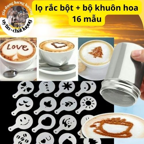 Lọ rắc bột cacao matcha inox có nắp và bộ khuôn rắc bột 16 tấm latte art trang trí