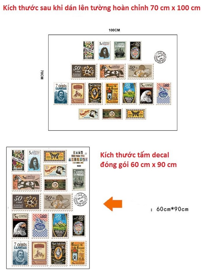 Decal dán tường tem thư các nước trang trí sinh động