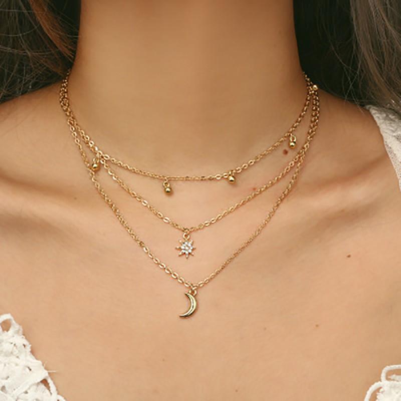 Dây chuyền nhiều lớp mặt trăng và ngôi sao đính đá pha lê