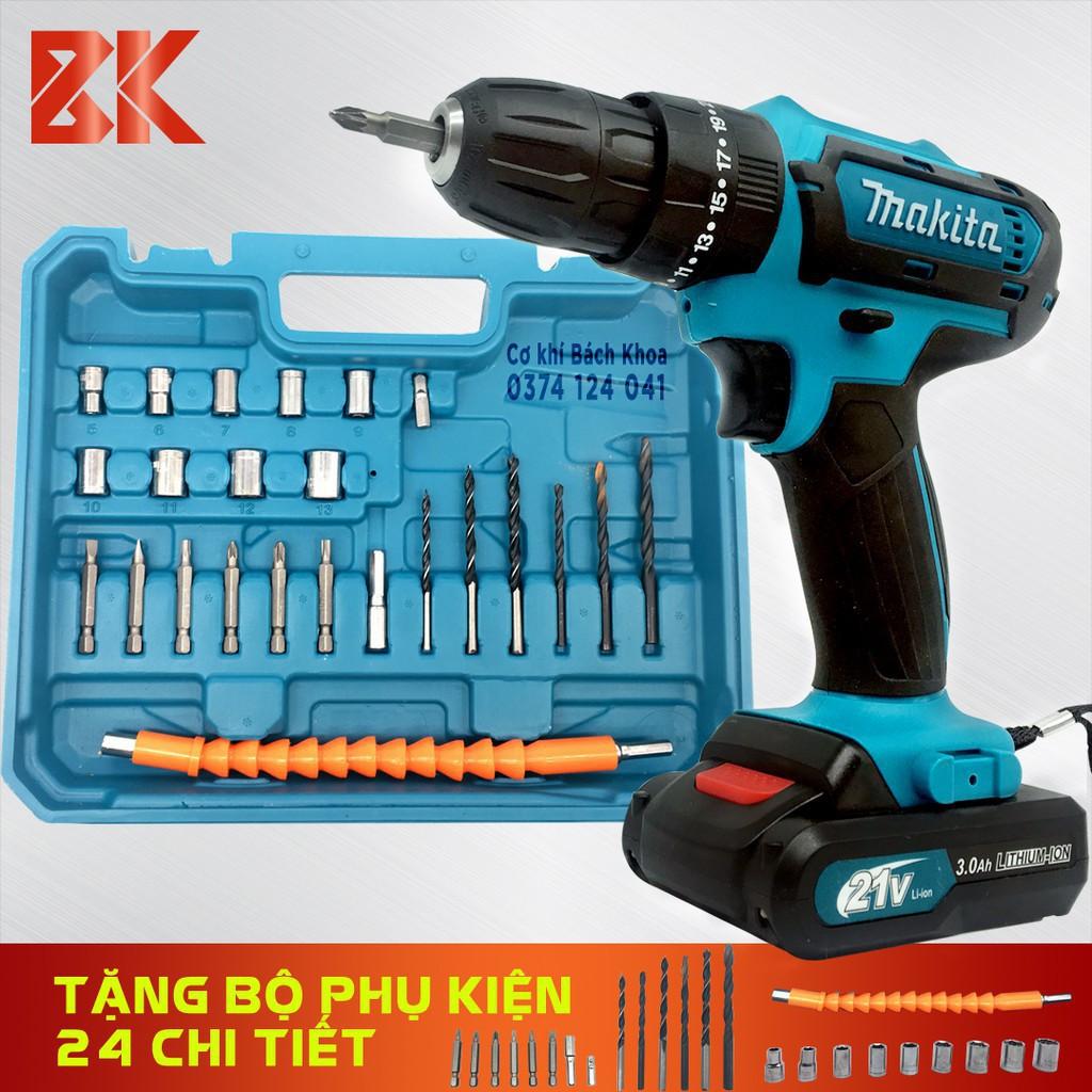 Máy Khoan pin MAKITA Có Búa 21V Kèm Phụ Kiện 24 chi tiết - Máy Khoan tường, bê tông, bắn vít, vặn vít 24V - 2Pin 5 Cell