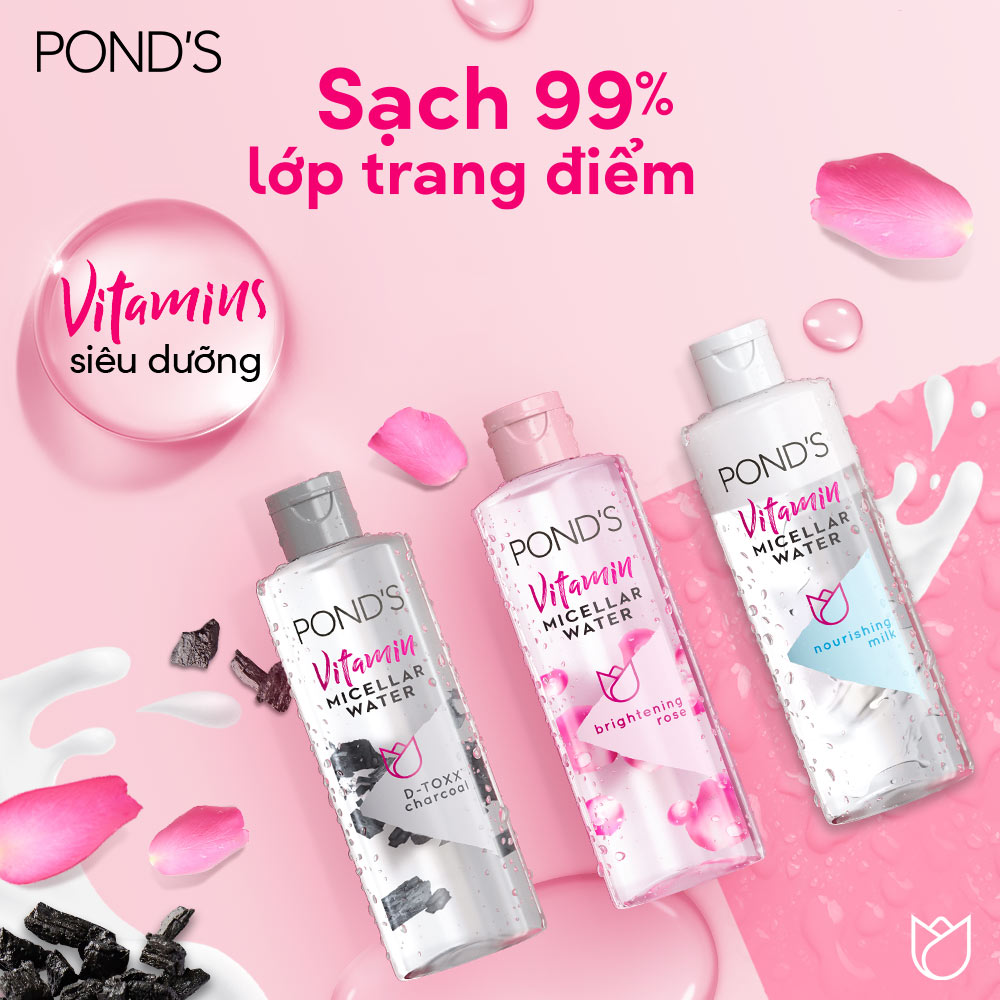 Nước tẩy trang Vitamin và hoa hồng POND'S Vitamin và hoa hồng sáng da Sạch 99% lớp trang điểm sáng da sạch sâu