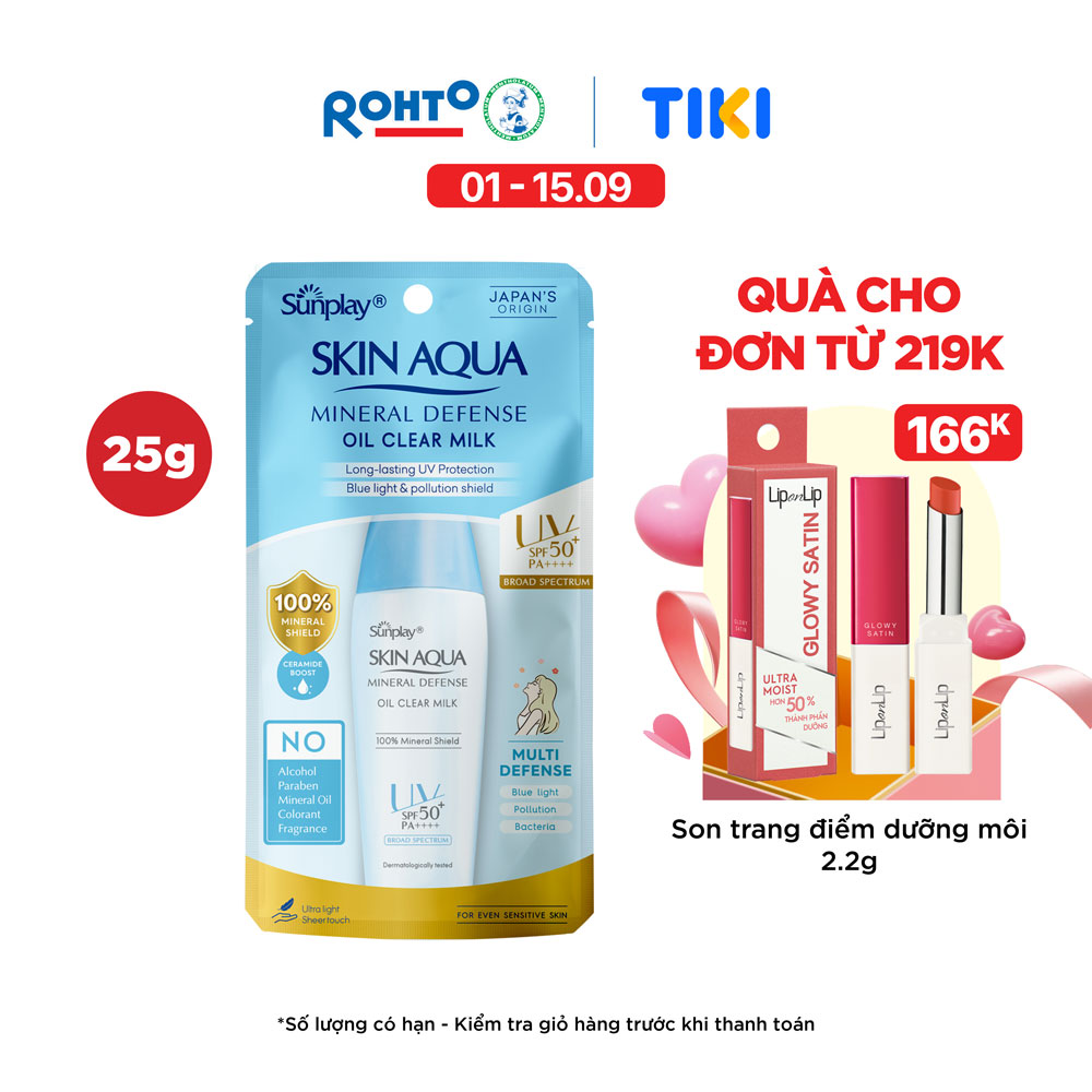 Kem chống nắng vật lý Skin Aqua kiềm dầu, dạng sữa dùng hàng ngày Sunplay Skin Aqua Mineral Defense Oil Clear Milk SPF50+ PA++++ 25g