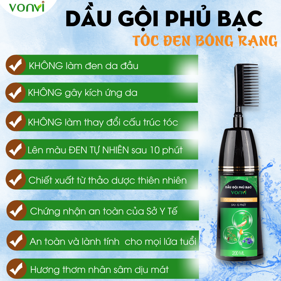 Hình ảnh Dầu gội phủ bạc VONVI giúp tóc đen tự nhiên bóng rạng sau 10 phút với thiết kế lược chải đen tóc thông minh, không xót, không làm đen da đầu 200 ml