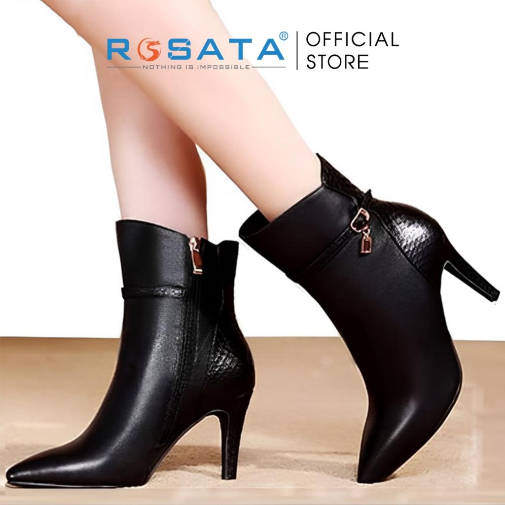 Giày boot nữ ROSATA RO26 bốt thời trang cổ cao phong cách hàn quốc cao cấp da Pu loại 1 mềm mại khóa kéo đế cao 7 phân - ĐEN, ĐEN