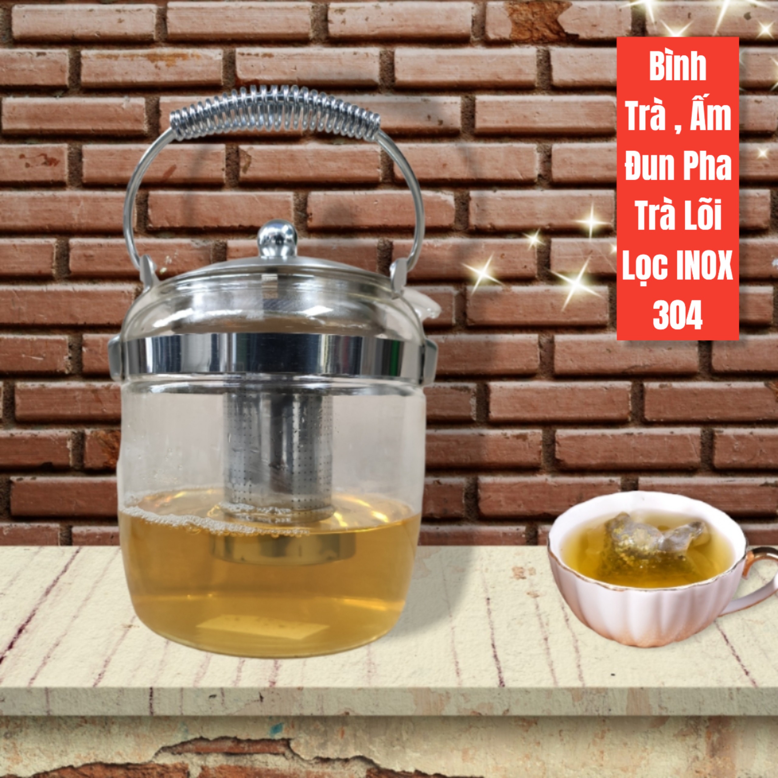 BÌNH TRÀ ẤM PHA TRÀ THỦY TINH CHỊU NHIỆT QUAI SÁCH LÕI LỌC INOX 304 - 1800ML