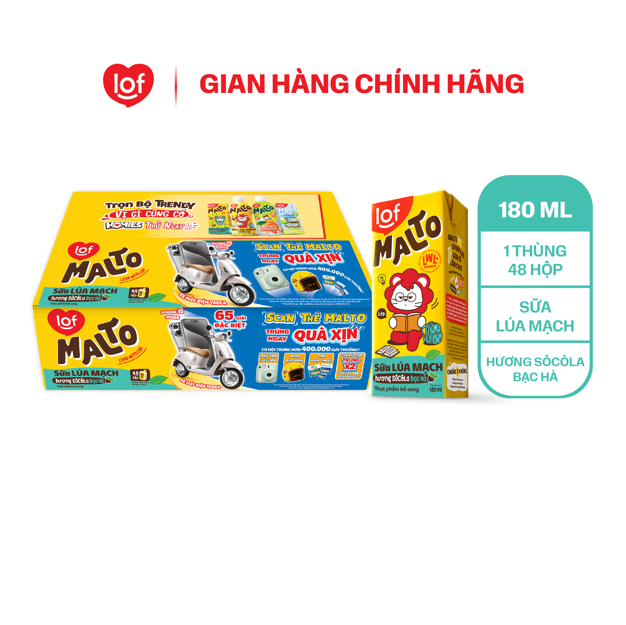 Thùng 48 hộp Sữa lúa mạch hương socola bạc hà LOF MALTO 180ml/hộp