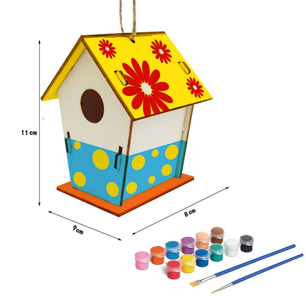 3x  House Unpainted Build Paint Hanging Wooden Birdhouse Set