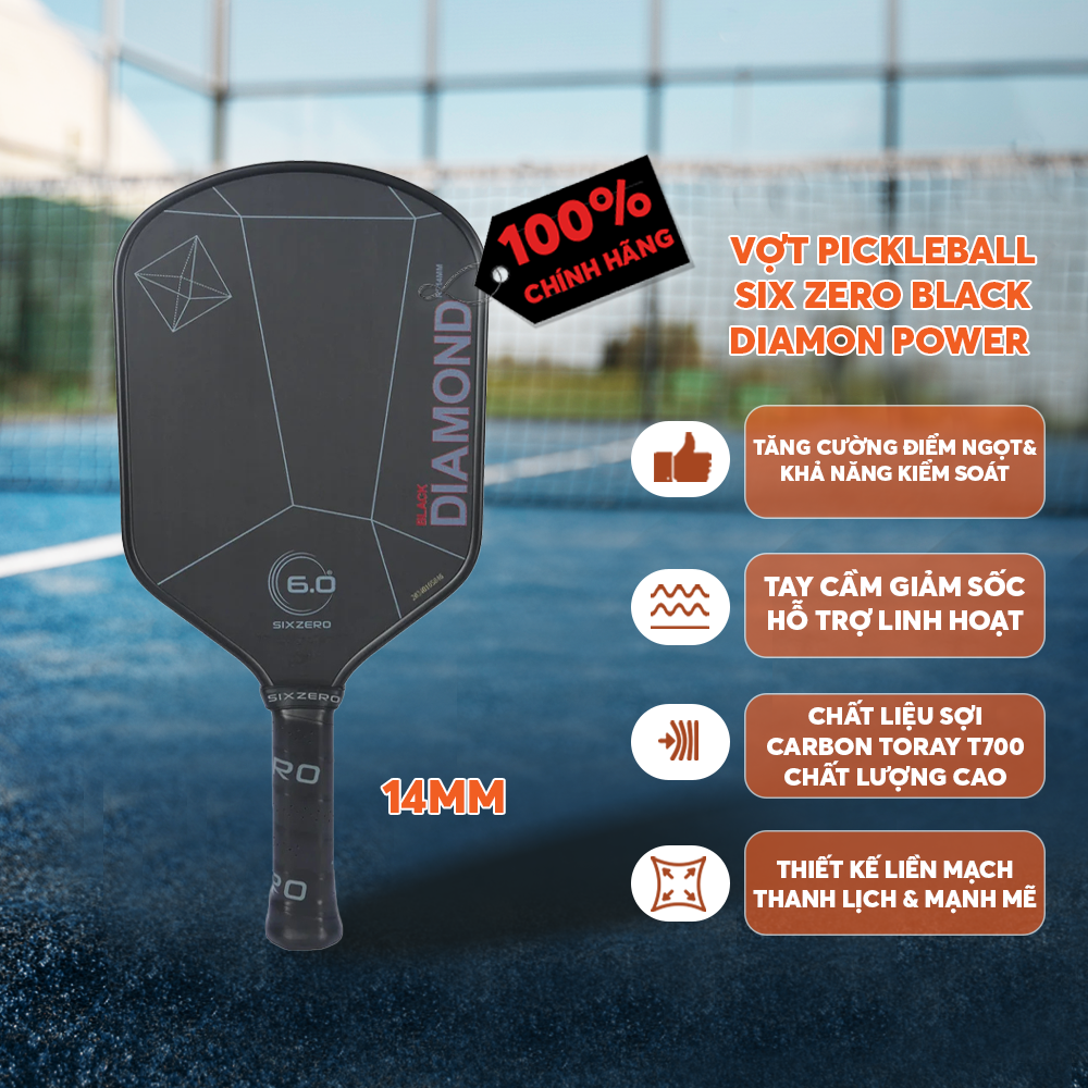 Vợt Pickleball Sixzero 6.0 Black Diamond Power 16mm Cao Cấp - Lõi Carbon Siêu Cứng, Tấn Công Uy Lực, Kiểm Soát Tối Ưu