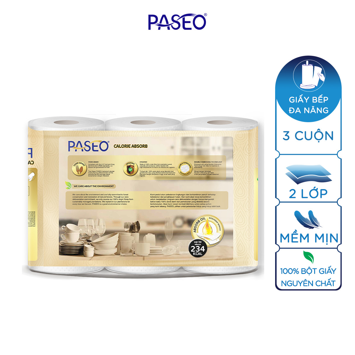 Giấy bếp đa năng Paseo Calorie Absorb 3 cuộn 2 lớp