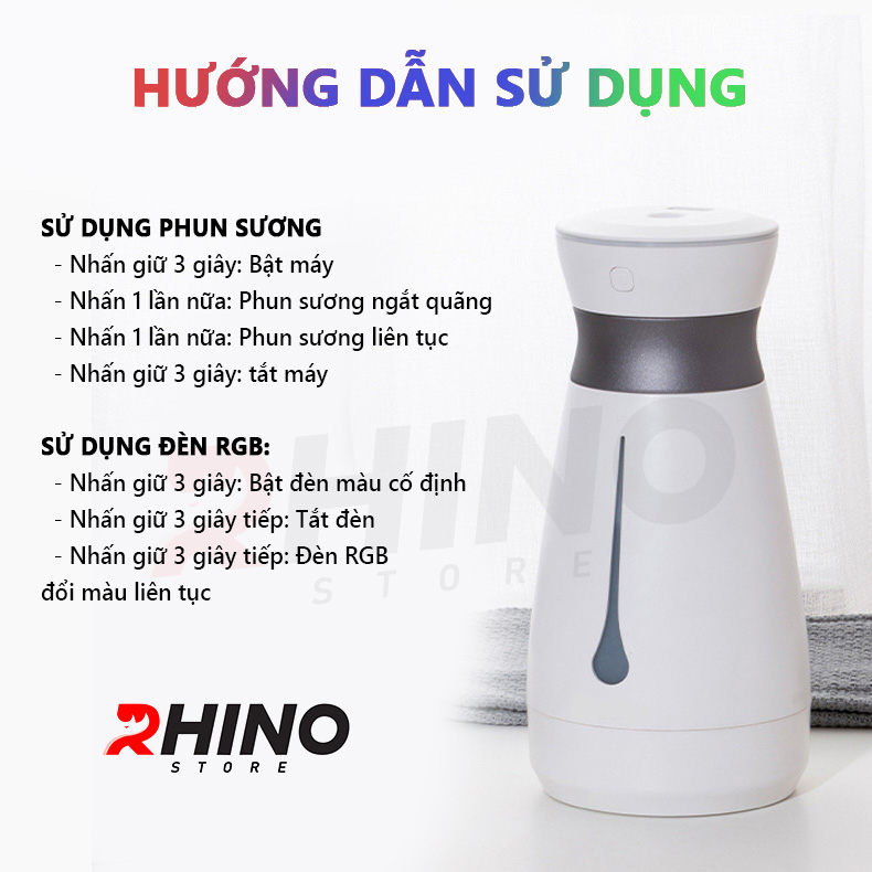 Máy phun sương xông tinh dầu tạo ẩm cao cấp Rhino H103 dung tích 1000ml, không gây tiếng ồn, tích hợp đèn ngủ RGB nhiều màu, có chế độ tự ngắt - Hàng chính hãng