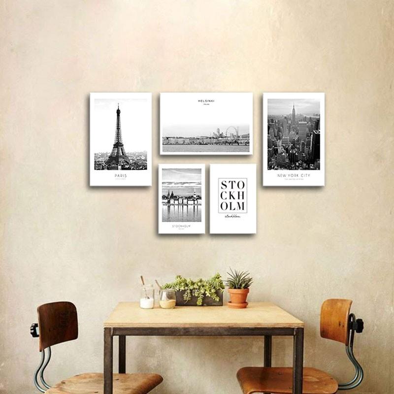 Bộ 5 tranh treo tường quán cà phê chủ đề thành phố lớn W392