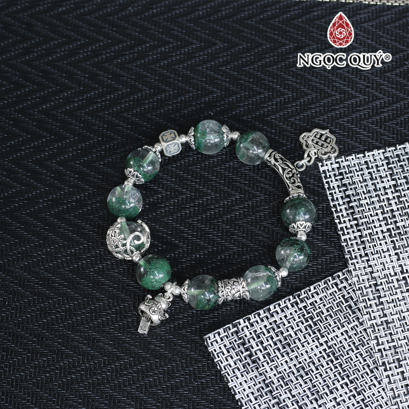 Vòng tay đá thạch anh ưu linh xanh phối charm bạc hạt 11mm mệnh hỏa, mộc - Ngọc Quý Gemstones