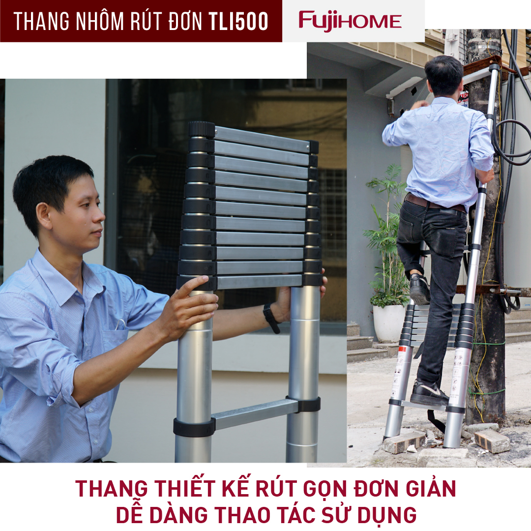 Thang nhôm rút đơn 5M gấp gọn Nhật Bản Fujihome chống trượt, thang rút gia đình xếp gấp gọn 5 mét đa năng có khóa an telescopic ladder