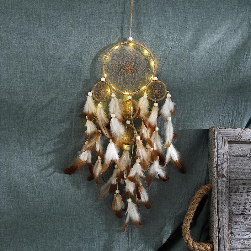 Dreamcatcher lông vũ gắn đèn, Đèn led trang trí phòng ngủ treo tường