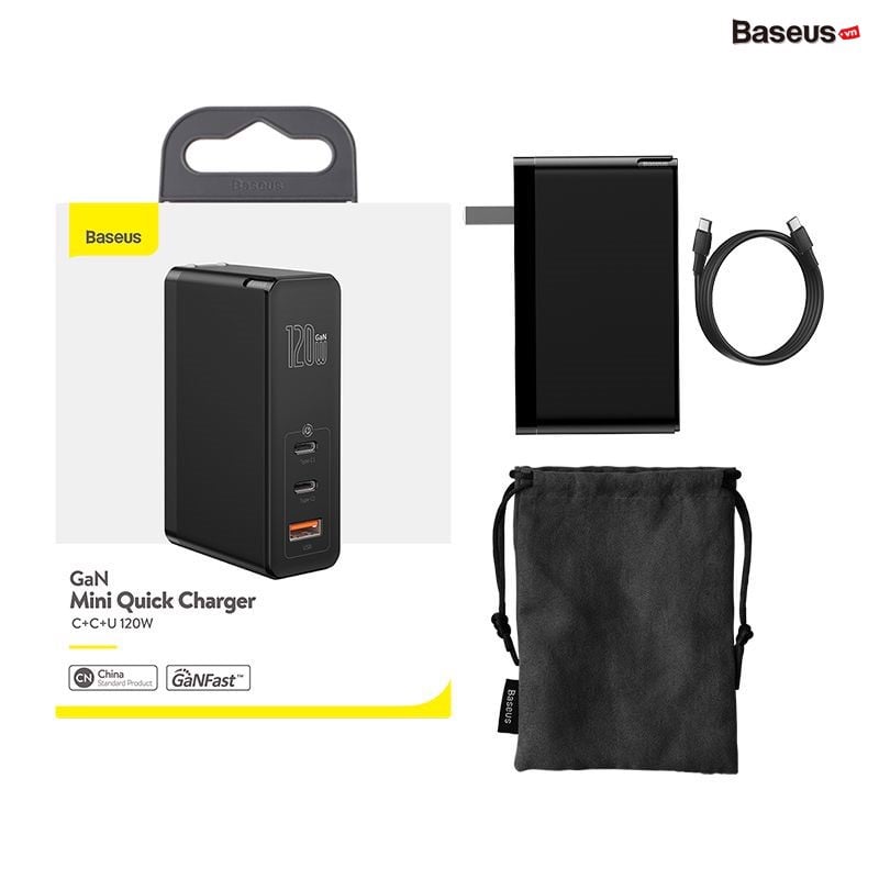 Bộ sạc nhanh đa năng Baseus GaN2 Pro Quick Charger 120W dùng cho Smartphone/ Tablet/ Macbook / Laptop (C+C+A, With C to C Cable, E-mark Chip 100W)- Hàng chính hãng