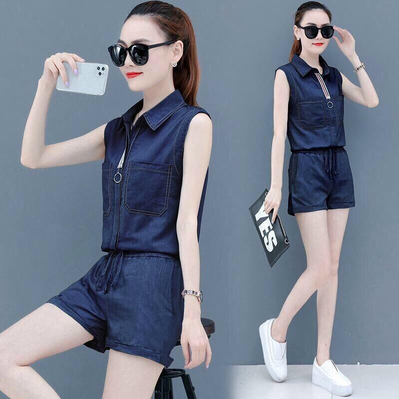 Set Bộ Denim Quần Short Áo Sát Nách, Set Bộ Jean Denim Cá Tính Dạo Phố, Đi