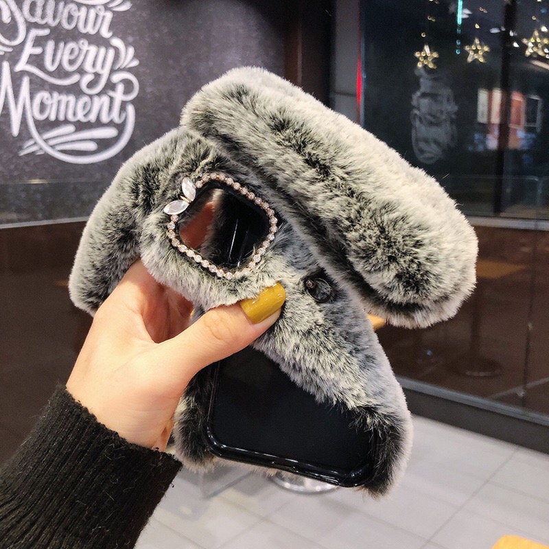 Ốp Lưng Điện Thoại Bằng Lông Thú Hình Tai Thỏ Có Quai Đeo Sang Trọng