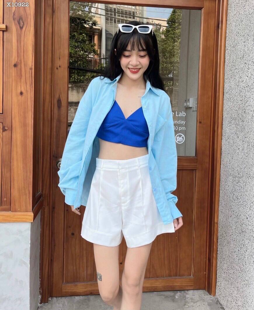 SET ÁO BRA CROPTOP DÂY XANH DƯƠNG + SƠ MI TAY DÀI PASTEL + QUẦN SHORTS NGẮN LƯNG CAO ỐNG RỘNG ĐI BIỂN