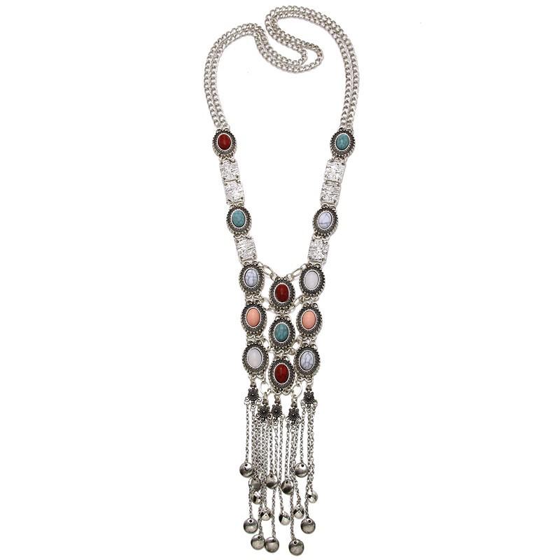 Phụ nữ cổ điển Boho Tuyên bố vòng cổ màu ngọc lam bộ lạc dân tộc dài đính cườm trang sức （Sliver）