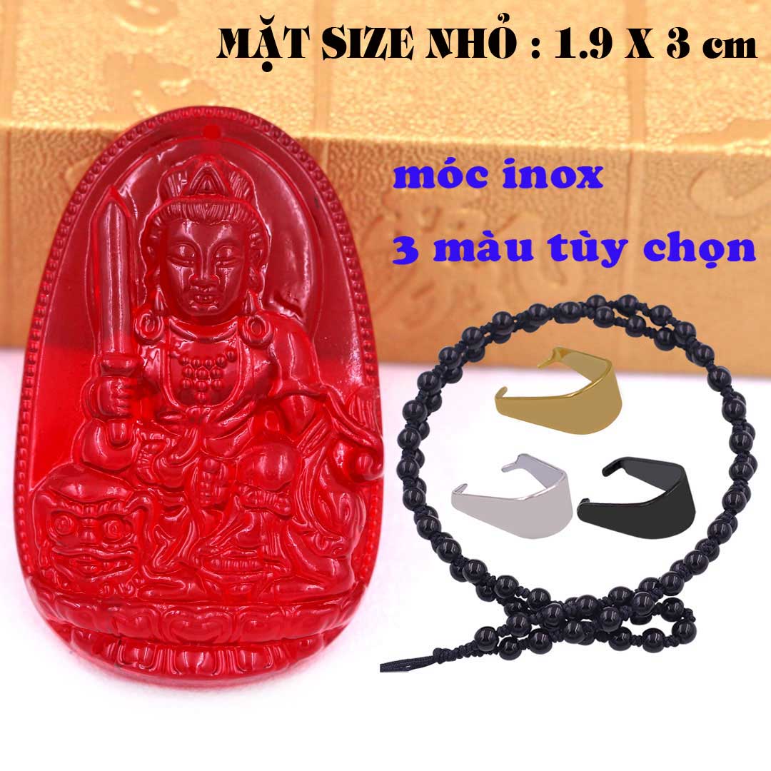 Mặt Phật Văn thù pha lê đỏ 1.9cm x 3cm  kèm vòng cổ hạt chuỗi đá đen + móc inox vàng, Phật bản mệnh, mặt dây chuyền