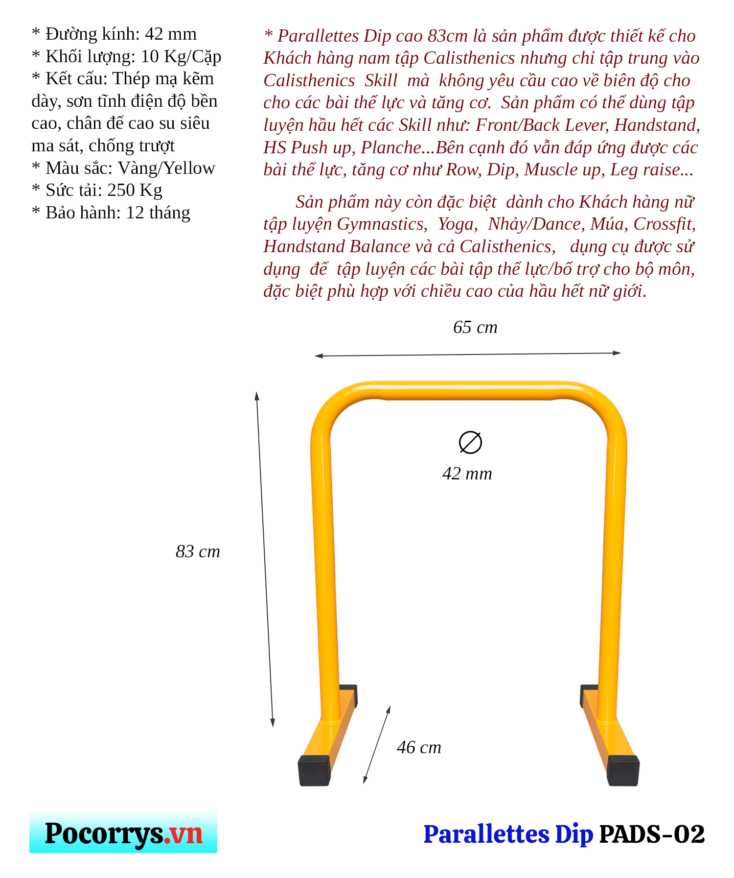 Xà kép Parallettes Dip Bars cao 83cm, Pocorrys PADS-02, Màu vàng