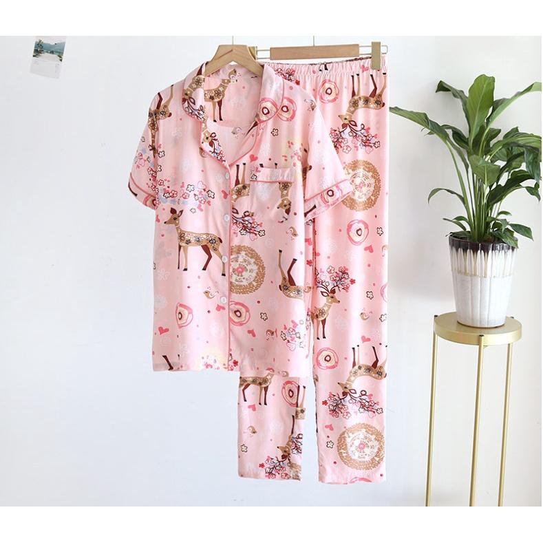 Bộ Đồ Pijama Mặc Nhà Ngắn Tay Azuno BN0111Chất Liệu Cotton Lụa Nhẹ Mát Cho Mùa Hè