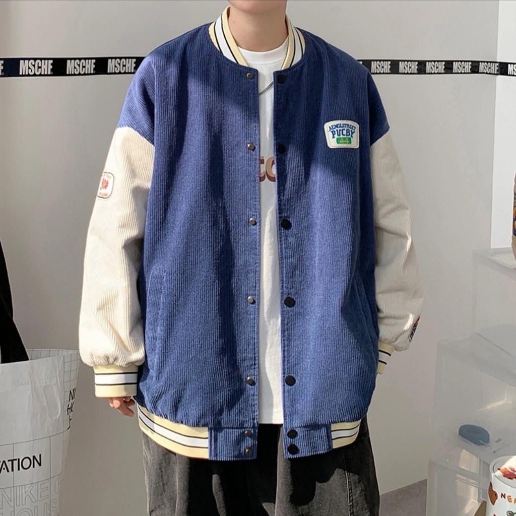 Áo khoác bomber nhung gân thêu logo puc.by 44 form rộng Couple jacket Varsity