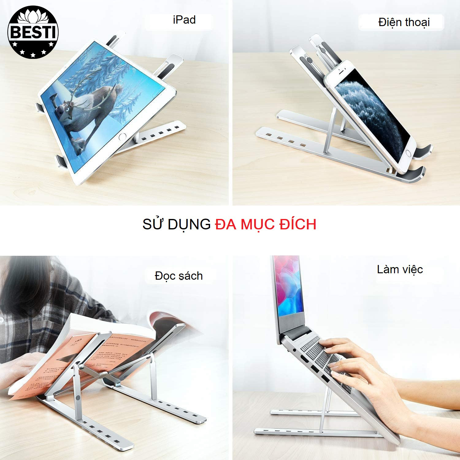 Hình ảnh Giá Đỡ Laptop Nhôm Có Thể Gấp Gọn, Giúp Tản Nhiệt Laptop, Macbook, Máy Tính Xách Tay, Có Thể Điều Chỉnh Nhiều Mức Độ, Chất Liệu Hợp Kim Nhôm Cao Cấp - Hàng Chính Hãng Besti