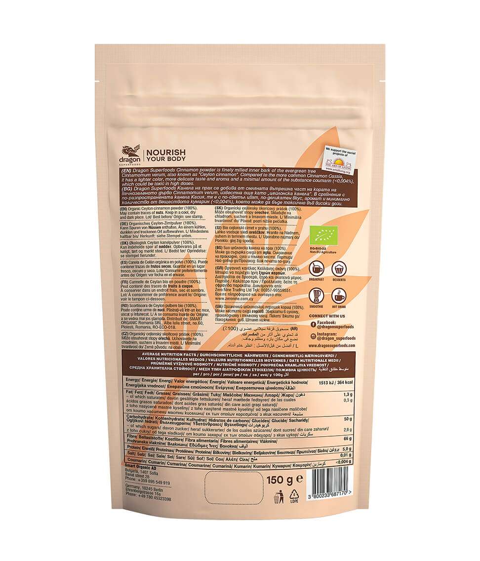 Bột quế hữu cơ Dragon Superfoods 150g Ceylon Cinnamon Powder