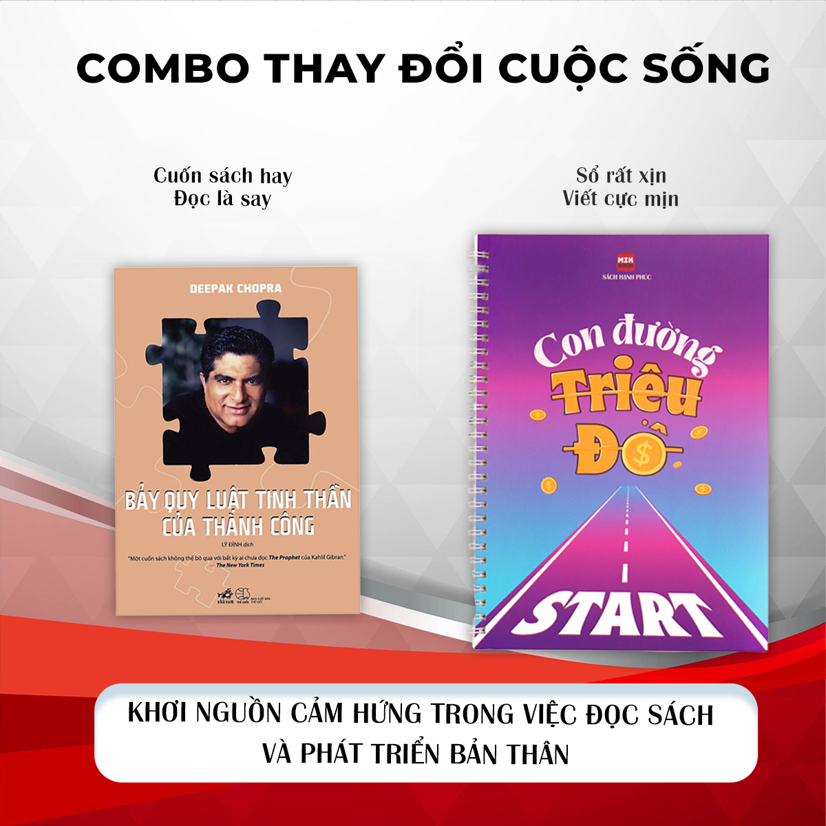 Combo Sách Đổi Đời gồm 01 Sách Bảy Quy Luật Tinh Thần Của Thành Công Tác Giả Deepak Chopra và 01 Sổ Con Đường Triệu Đô Tác giả Cấn Mạnh Linh