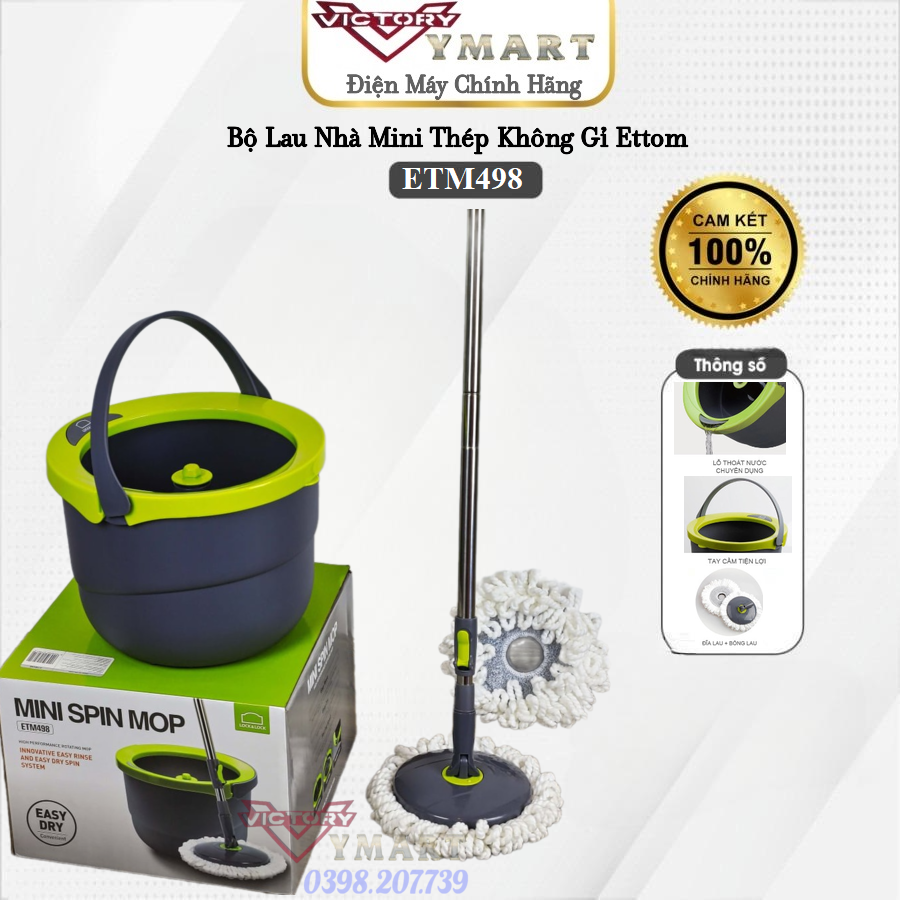 Bộ Lau Nhà Mini Thép Không Gỉ Ettom Lock&Amp;Lock Etm498 - 2 Bông Lau - Hàng Chính Hãng - Etm498
