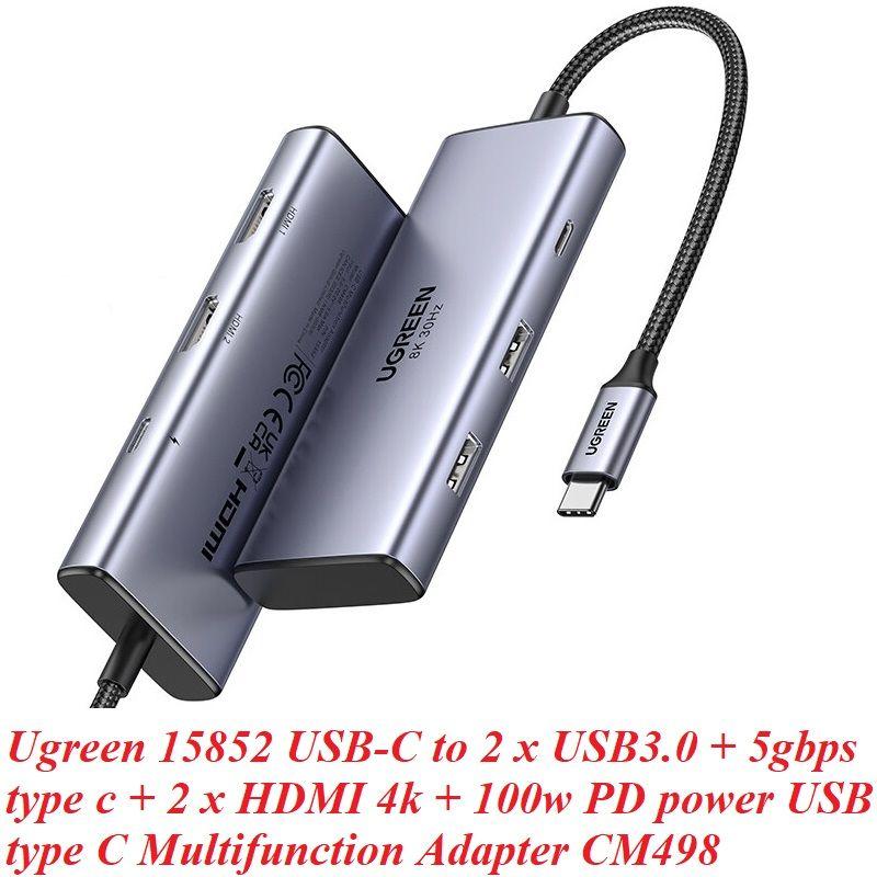 Ugreen UG15852CM498TK USB type C sang 1 x HDMI 2.1 8K30Hz + 1 x HDMI 2.0 4K60Hz + 1 x USB-C 5Gbps + 2 x USB3.0 + 1 x USB-C PD 100W Bộ chuyển 6in1 - HÀNG CHÍNH HÃNG