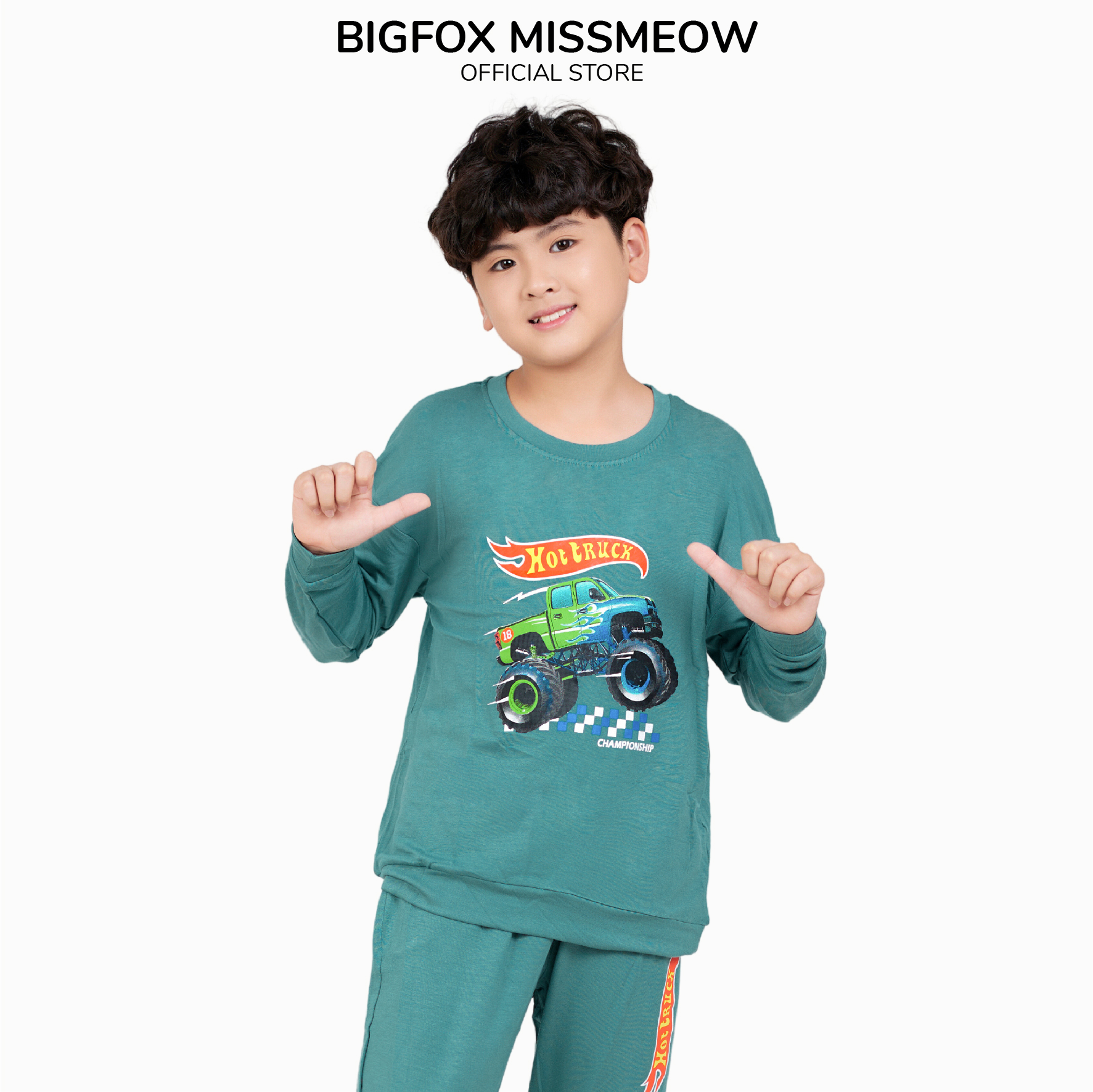 Bộ thu đông bé trai Bigfox Miss Meow dài tay phong cách Hàn Quốc, chất nỉ da cá size đại trẻ em 3,5,9,11 tuổi 40kg