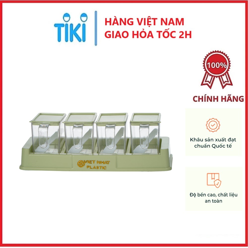 Combo 4 hủ đựng gia vị có muỗng và đế đựng hàng nhựa Việt Nhật chất lượng cao , an toàn - Hàng chính hãng