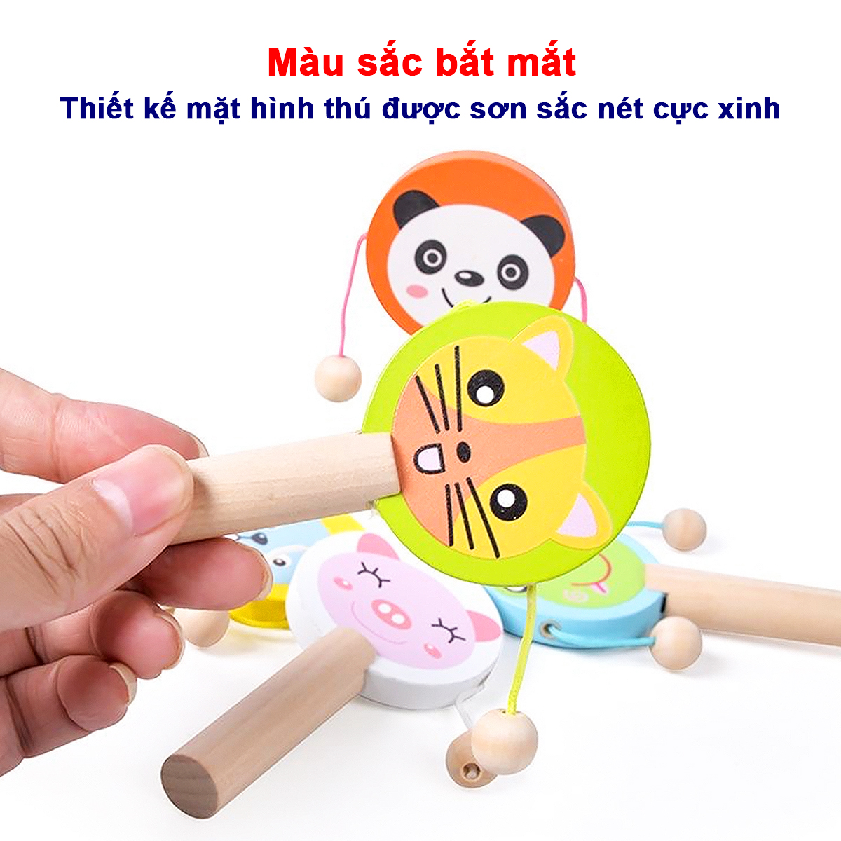 Lục lạc trống gỗ hình thú đủ màu sắc bắt mắt cho bé làm quen với âm thanh hỗ trợ sự phát triển của bé – DC033