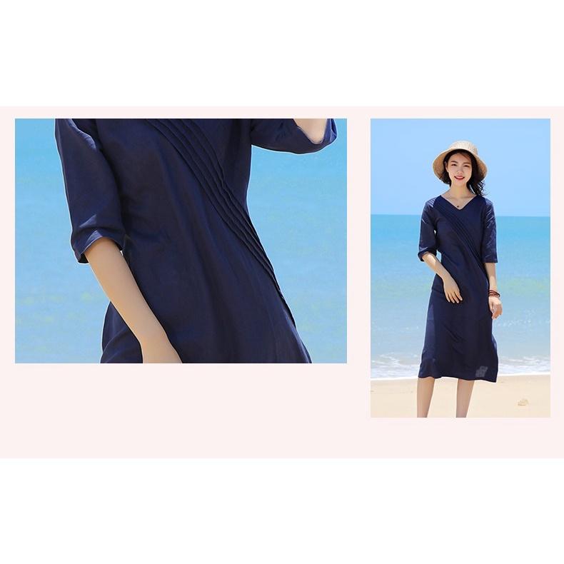 Đầm suông linen tay lỡ cổ chữ V trần trước, thời trang hè thu 2021
