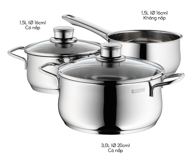 Bộ Nồi Đáy Từ 3 Lớp WMF Diadem Plus 3 Món Nguyên Khối- 0730299990