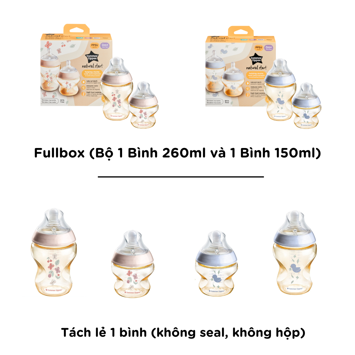 Bình Sữa PPSU Ty Siêu Mềm Tự Nhiên Tommee Tippee Natural Start (Bộ 1 Bình 260ml và 1 Bình 150ml)