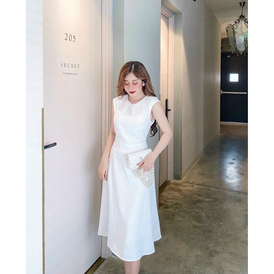 ĐẦM THIẾT KẾ DỰ TIỆC TRẮNG CỔ PHỐI RENG HỞ LƯNG - Hình Shop Chụp Thật
