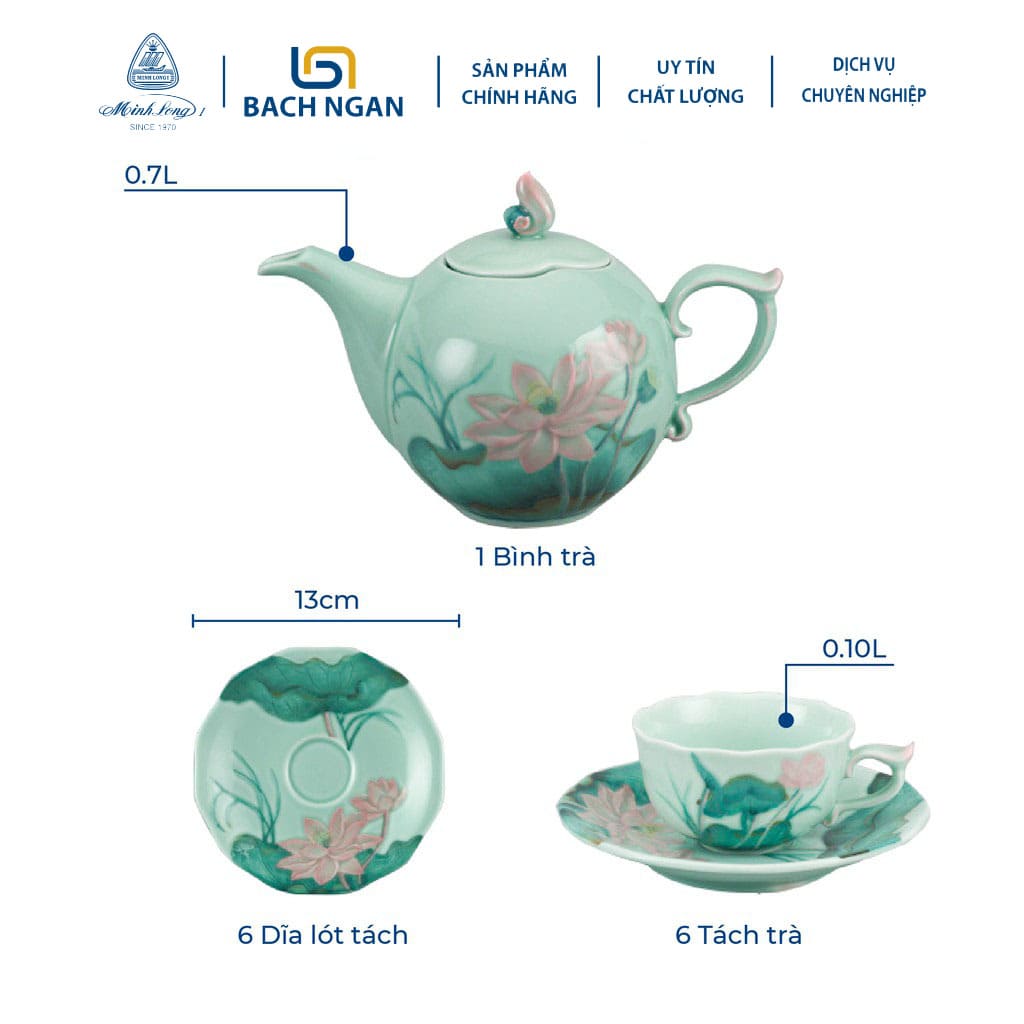 Bộ trà Minh Long  0.7 L  Sen Màu bằng sứ, hàng đẹp cao cấp, sang trọng đãi khách, quà tặng - Bộ ấm chén