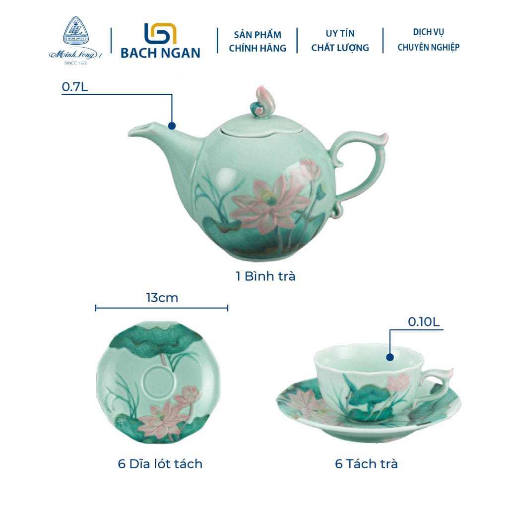 Bộ trà 0.7L Sen Màu - Gốm sứ cao cấp Minh Long I
