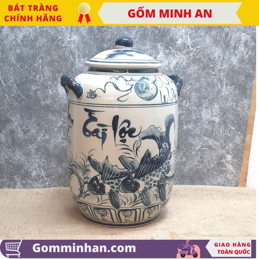 Hũ đựng gạo vẽ cảnh hoa sen cá chép đựng 15kg gạo 20lit nước gốm Minh An Bát Tràng