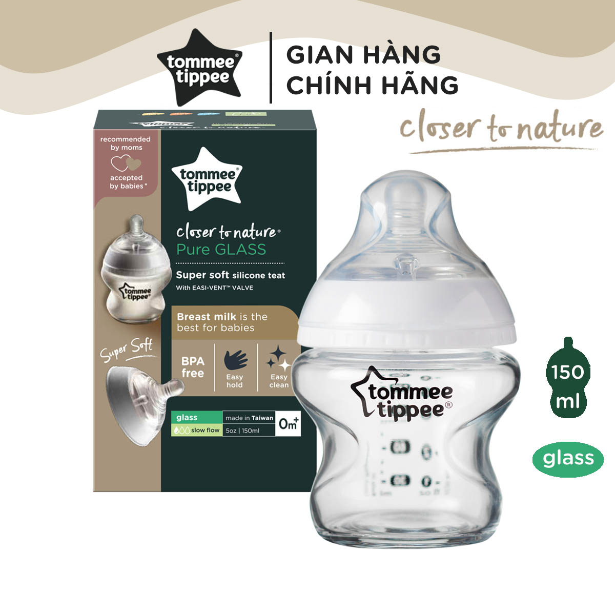 Bình Sữa Thủy Tinh Ty Siêu Mềm Tự Nhiên Tommee Tippee Closer To Nature 150ml, Núm Ty Của Bình 0-3 tháng